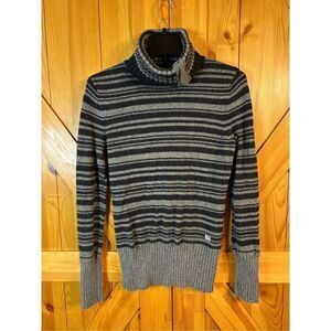 DKNY Jeans Sweater Stripe Long Sleeve Cowl Neck Size Large Angora Rabbit Hair Bl